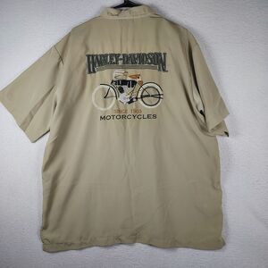Harley-Davidson Camp Shirt Mens XL Khaki Embroidered Motorcycle Back Logo